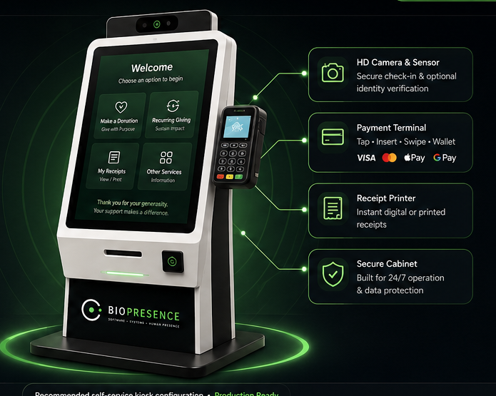 Approved BioPresence Donation Suite self-service kiosk configuration